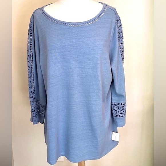 Charter Club Light Blue 100% Cotton Crochet Trim Long Sleeve Coastal Top SZ XXL - Picture 1 of 10